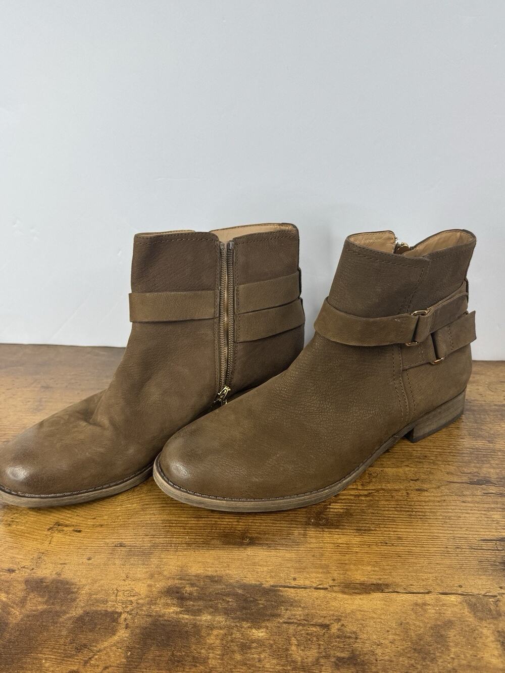 Franco Sarto Harwick Brown Leather Ankle Boots Women’s 6M Buckle Side Zip